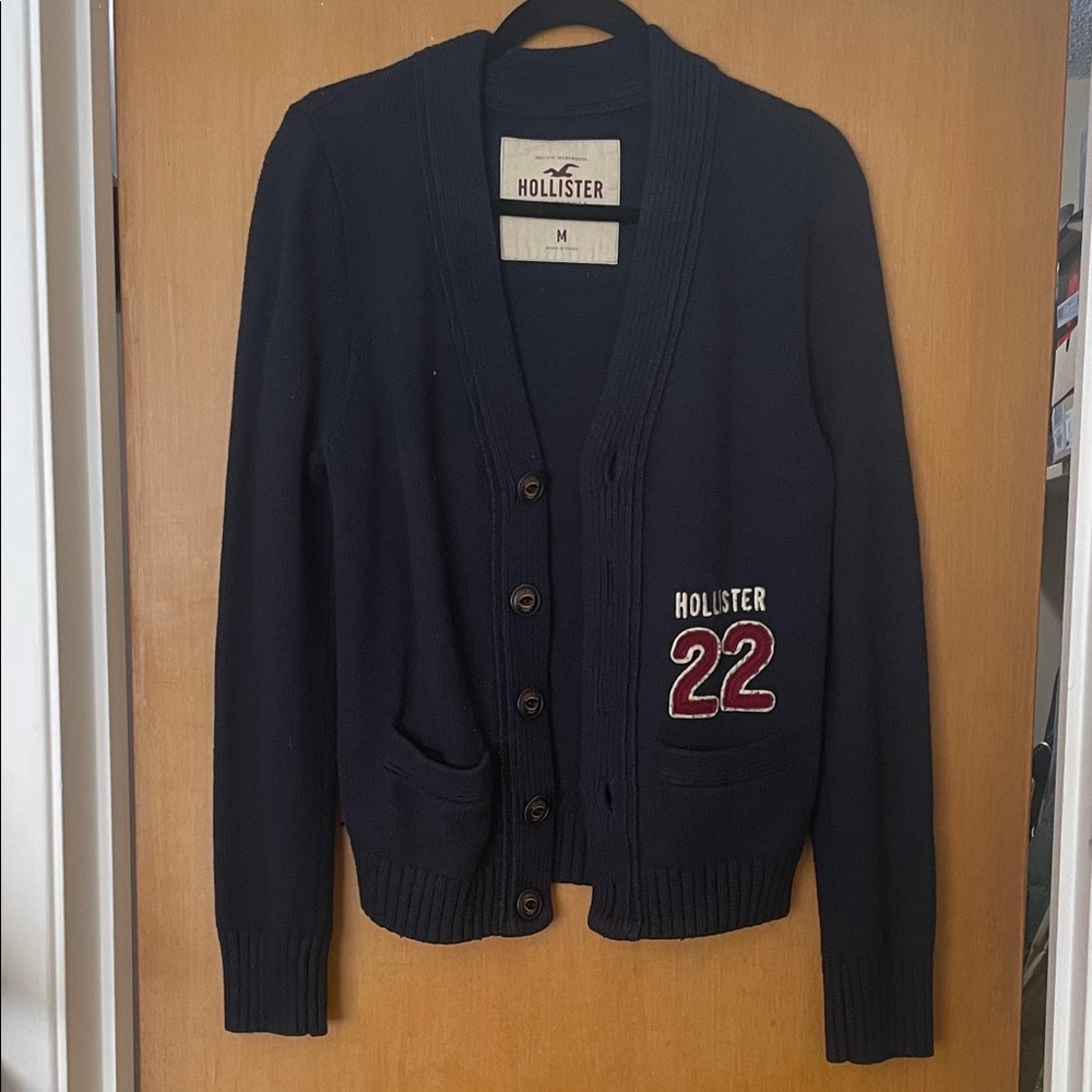 Hollister Men's Dark Blue Cardigan with Red Accents